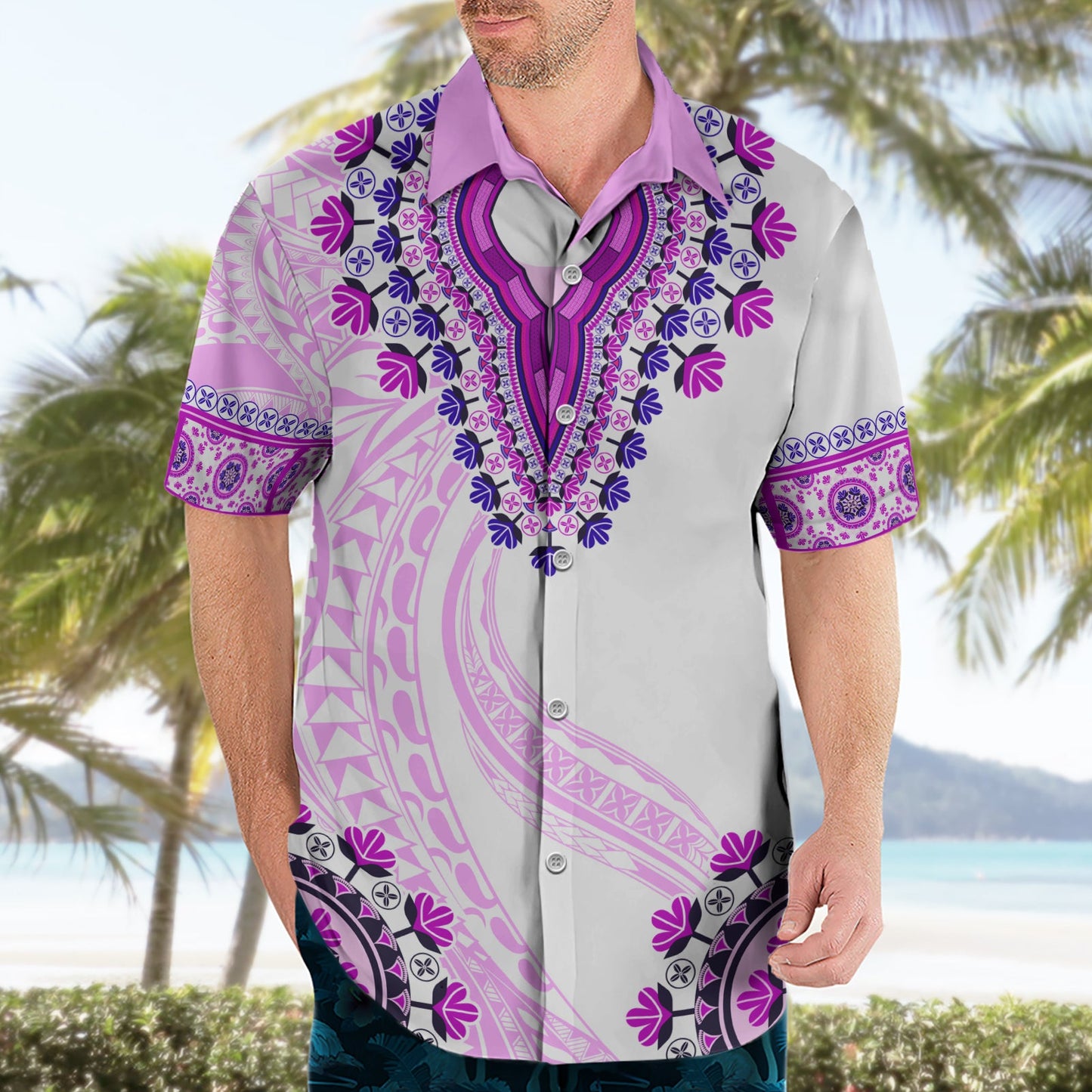 Afrika Dashiki Hawaiihemd mit polynesischem Muster Rosa Version LT05
