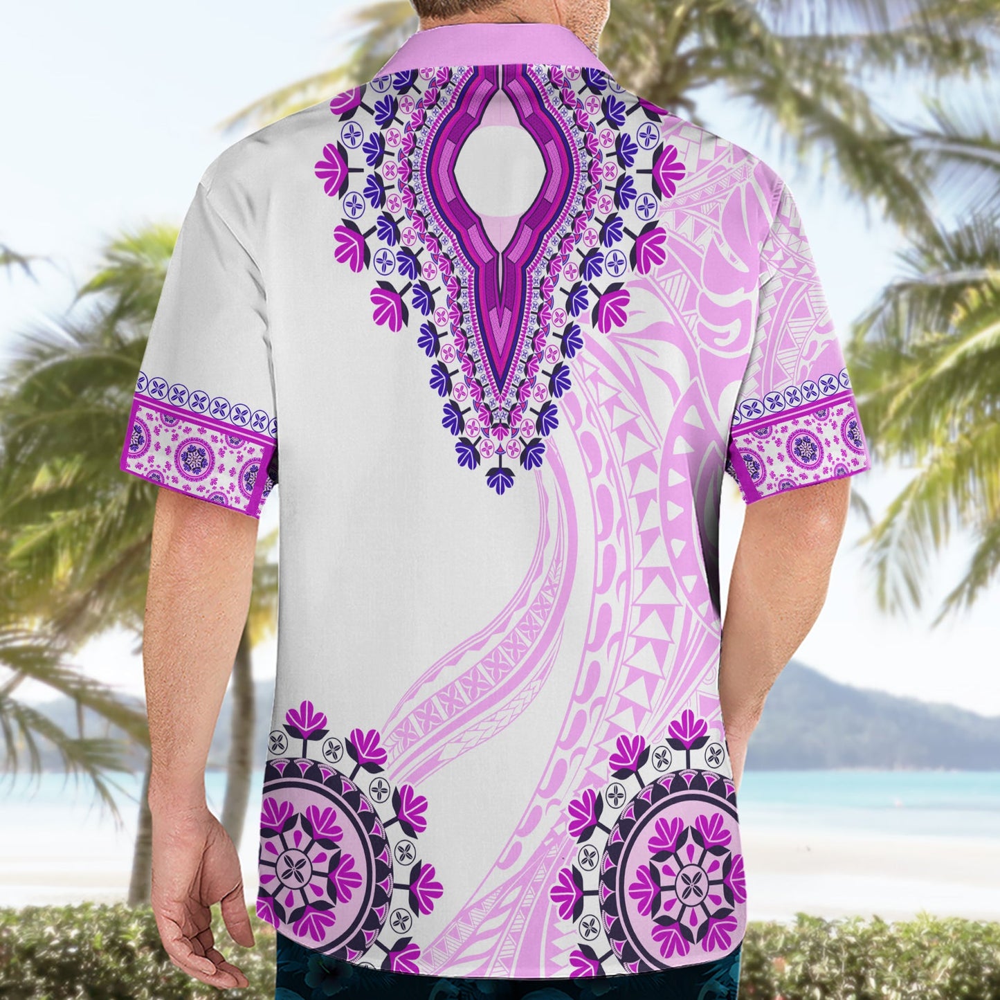 Afrika Dashiki Hawaiihemd mit polynesischem Muster Rosa Version LT05