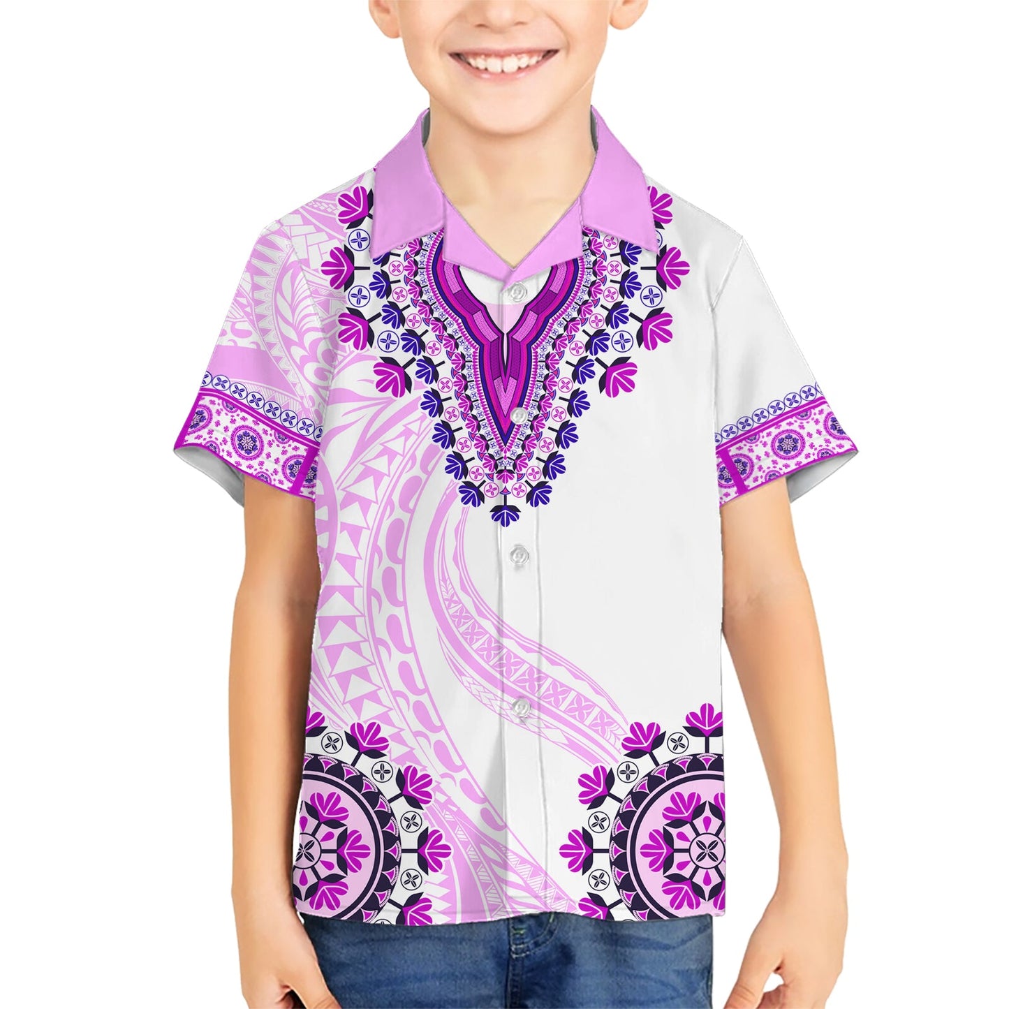 Afrika Dashiki Hawaiihemd mit polynesischem Muster Rosa Version LT05