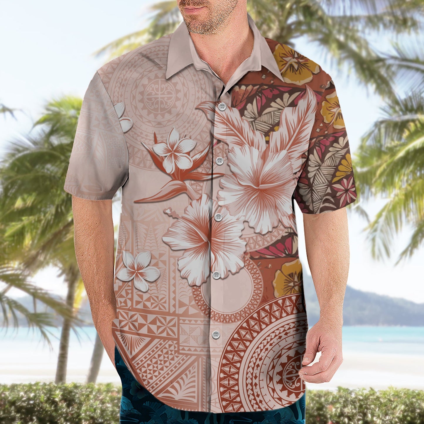 Tonga Ngatu Muster mit leichtem Tabasco Hibiskus Hawaiihemd Ölgemälde Stil LT05