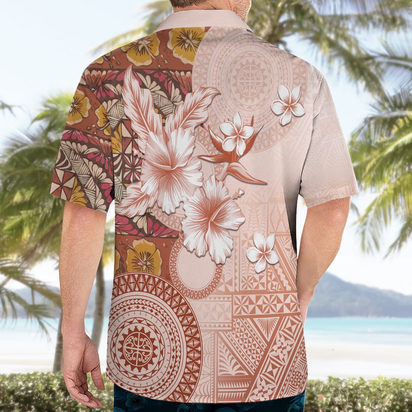 Tonga Ngatu Muster mit leichtem Tabasco Hibiskus Hawaiihemd Ölgemälde Stil LT05