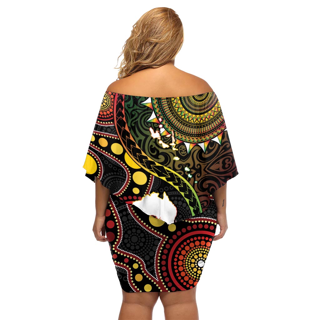Vanuatu und Australien Aboriginal Off Shoulder Kurzes Kleid Blumen Iguana und Känguru zusammen LT05