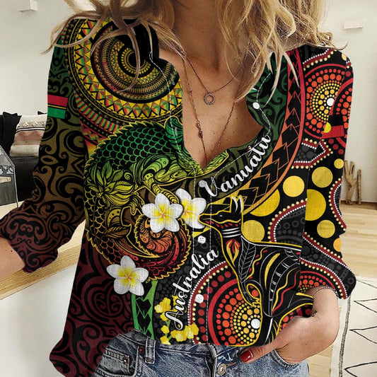 Vanuatu And Australia Aboriginal Women Casual Shirt Iguana And Kangaroo Together