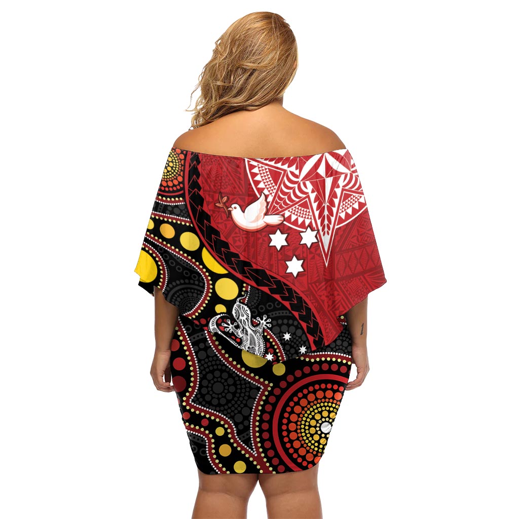 Tonga Ngatu und Australien Aboriginal Off Shoulder Kurzes Kleid Blumen Tongan Dove und Kangaroo Together LT05