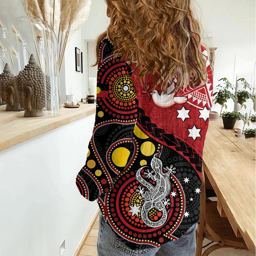 Tonga Ngatu und Australien Aborigine-Frauen Casual Shirt Tonga Taube und Känguru zusammen LT05