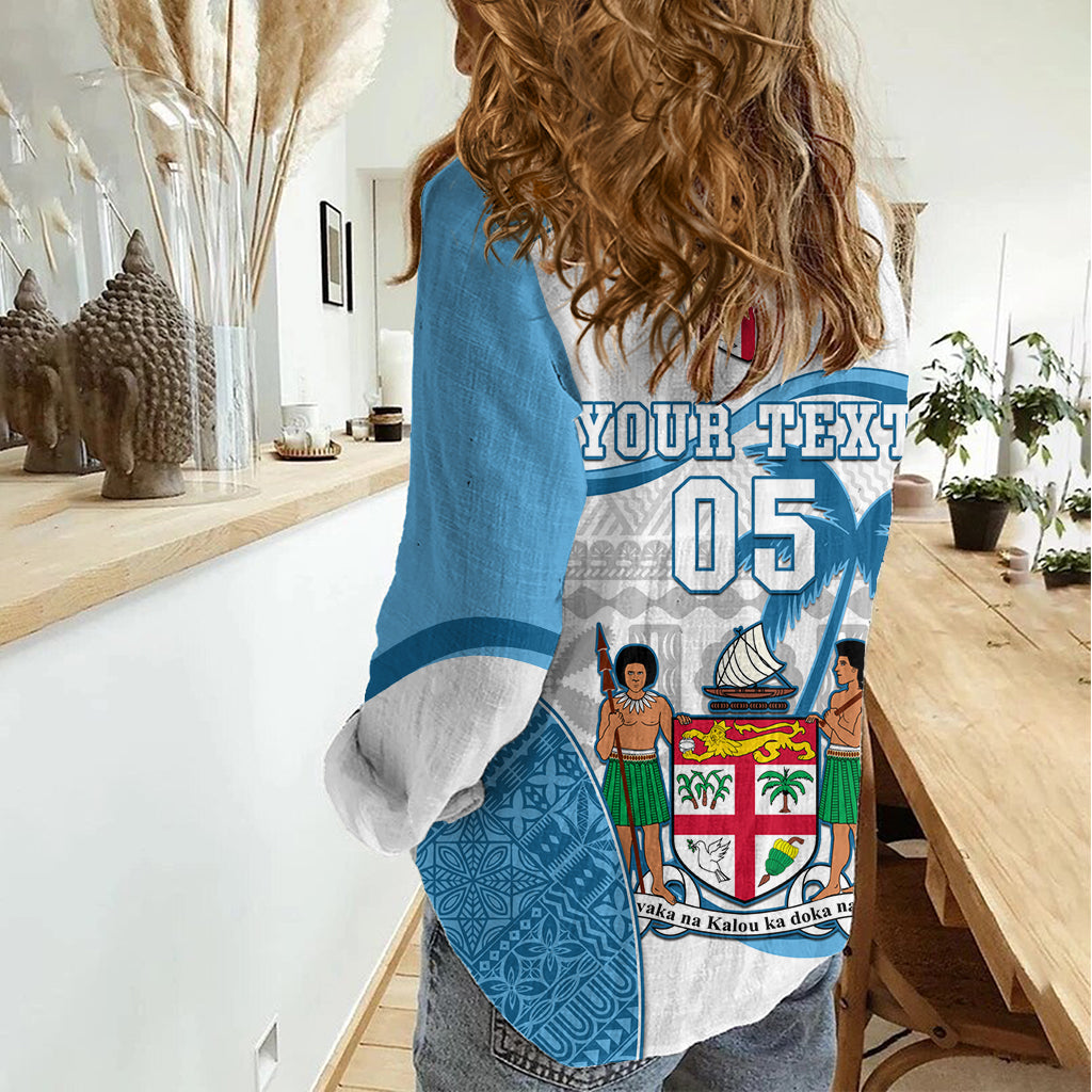 Benutzerdefinierte Fidschi Rugby Frauen Casual Shirt Weltmeisterschaft 2023 Fidschi Tapa Muster Blau Version LT05