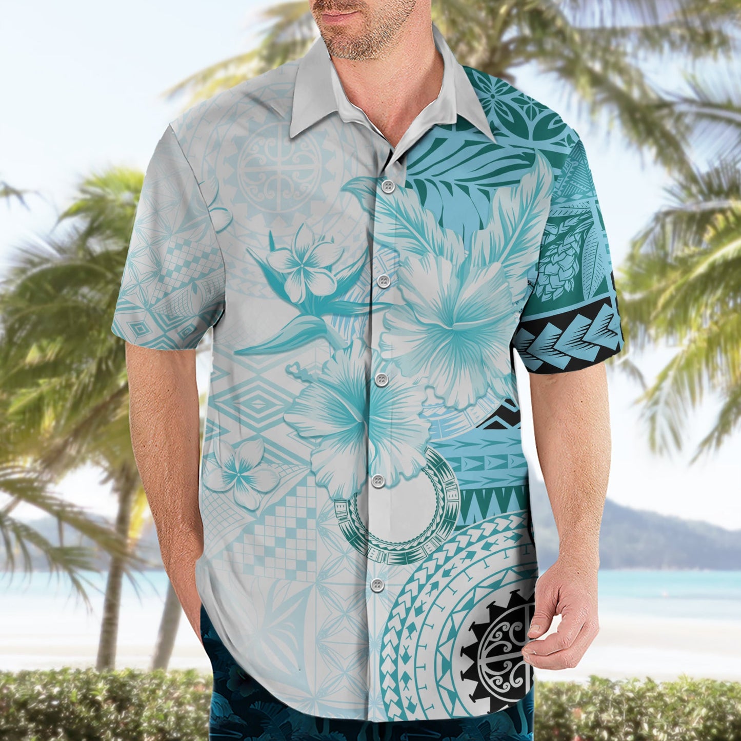 Samoa Siapo-Muster mit blaugrünem Hibiskus-Hawaii-Hemd LT05