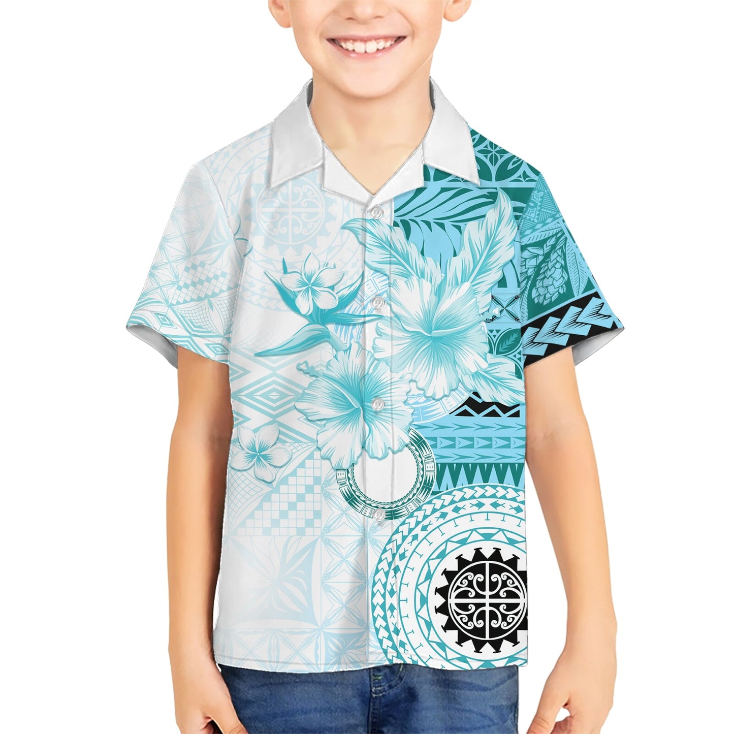Samoa Siapo-Muster mit blaugrünem Hibiskus-Hawaii-Hemd LT05