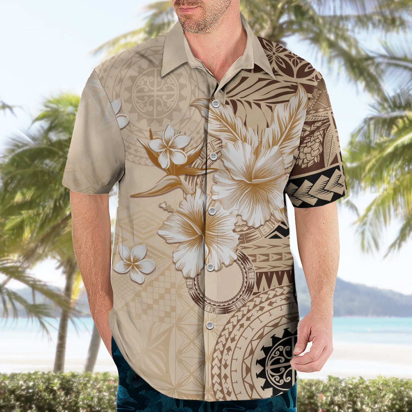 Samoa Siapo-Muster mit beigem Hibiskus-Hawaii-Hemd LT05