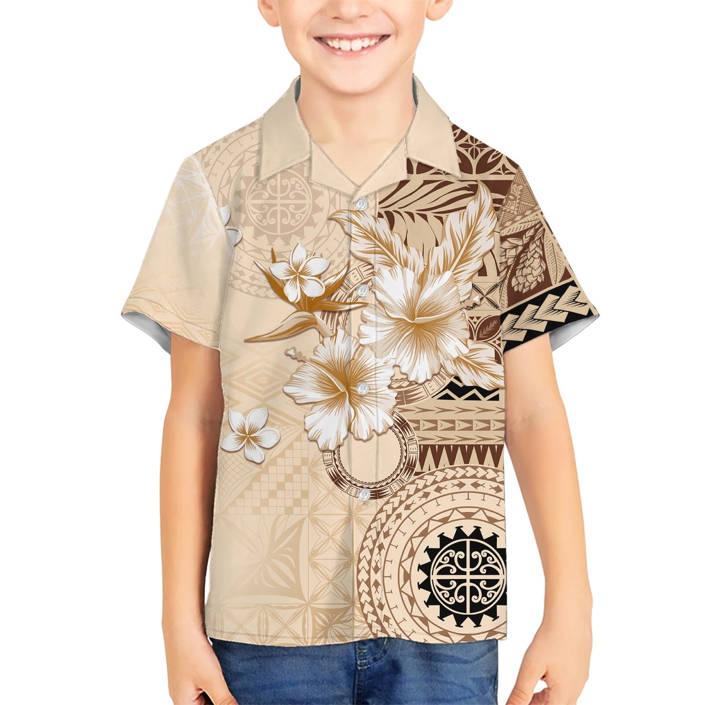 Samoa Siapo-Muster mit beigem Hibiskus-Hawaii-Hemd LT05