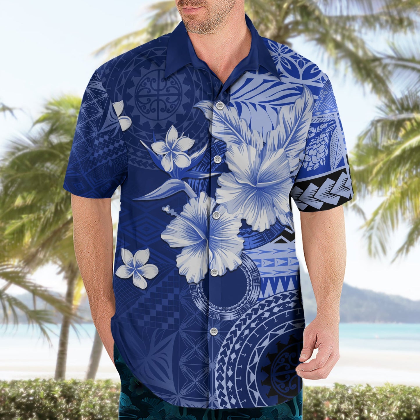 Samoa Siapo-Muster mit marineblauem Hibiskus-Hawaii-Hemd LT05