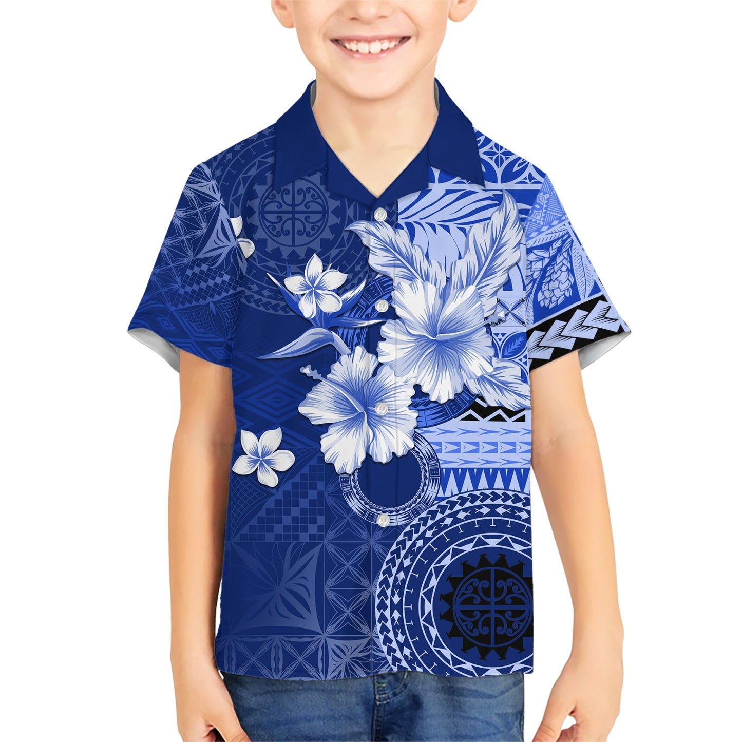 Samoa Siapo-Muster mit marineblauem Hibiskus-Hawaii-Hemd LT05