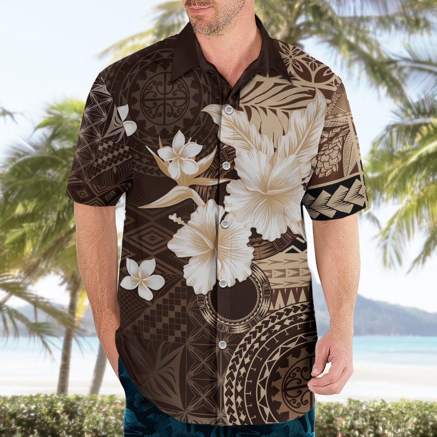 Samoa Siapo-Muster mit braunem Hibiskus-Hawaii-Hemd LT05