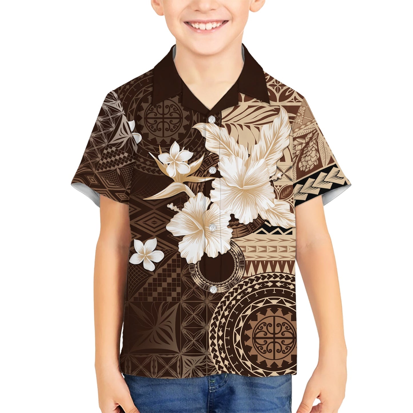 Samoa Siapo-Muster mit braunem Hibiskus-Hawaii-Hemd LT05