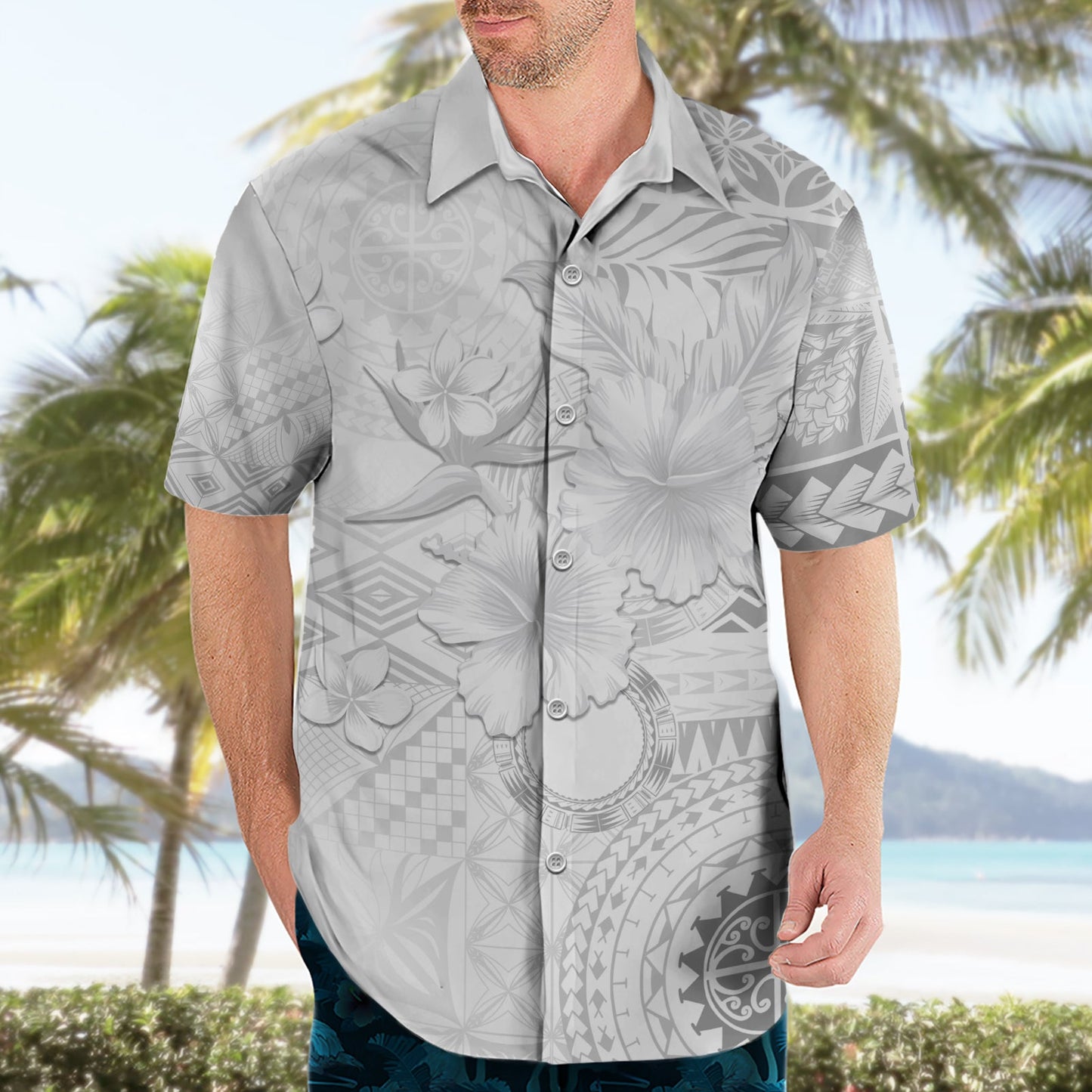 Samoa Siapo-Muster mit weißem Hibiskus-Hawaii-Hemd LT05