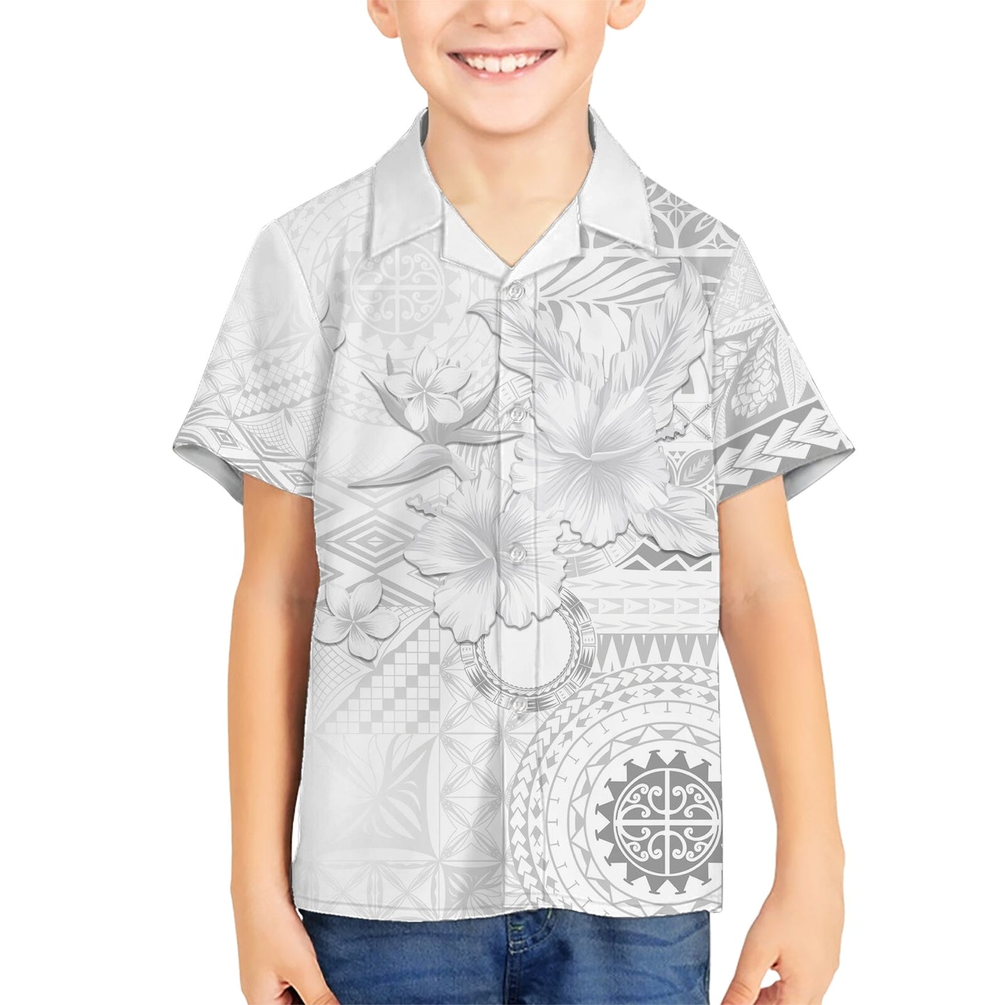 Samoa Siapo-Muster mit weißem Hibiskus-Hawaii-Hemd LT05