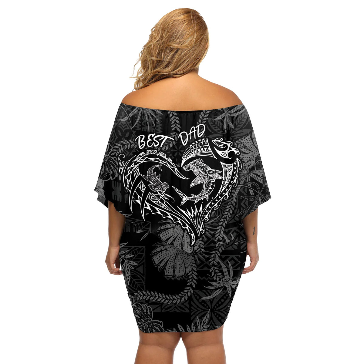 Hawaiianischer Vatertag Vintage Lei Off Shoulder Kurzes blumen kleid Hauoli la Makuakane - Schwarz LT7