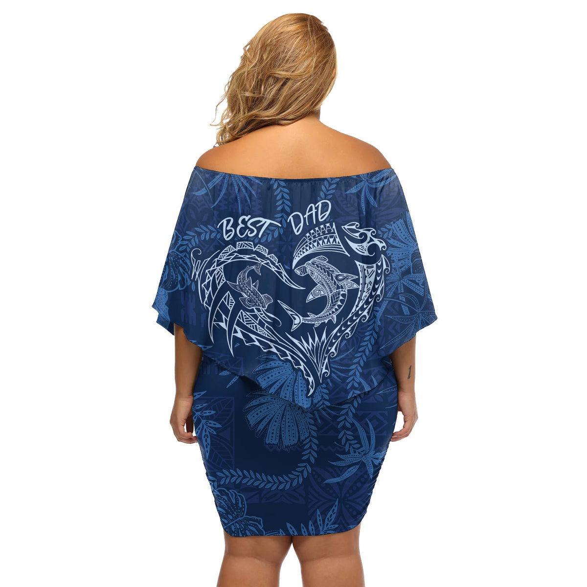 Hawaiianischer Vatertag Vintage Lei Off Shoulder Kurzes blumen kleid Hauoli la Makuakane - Blau LT7