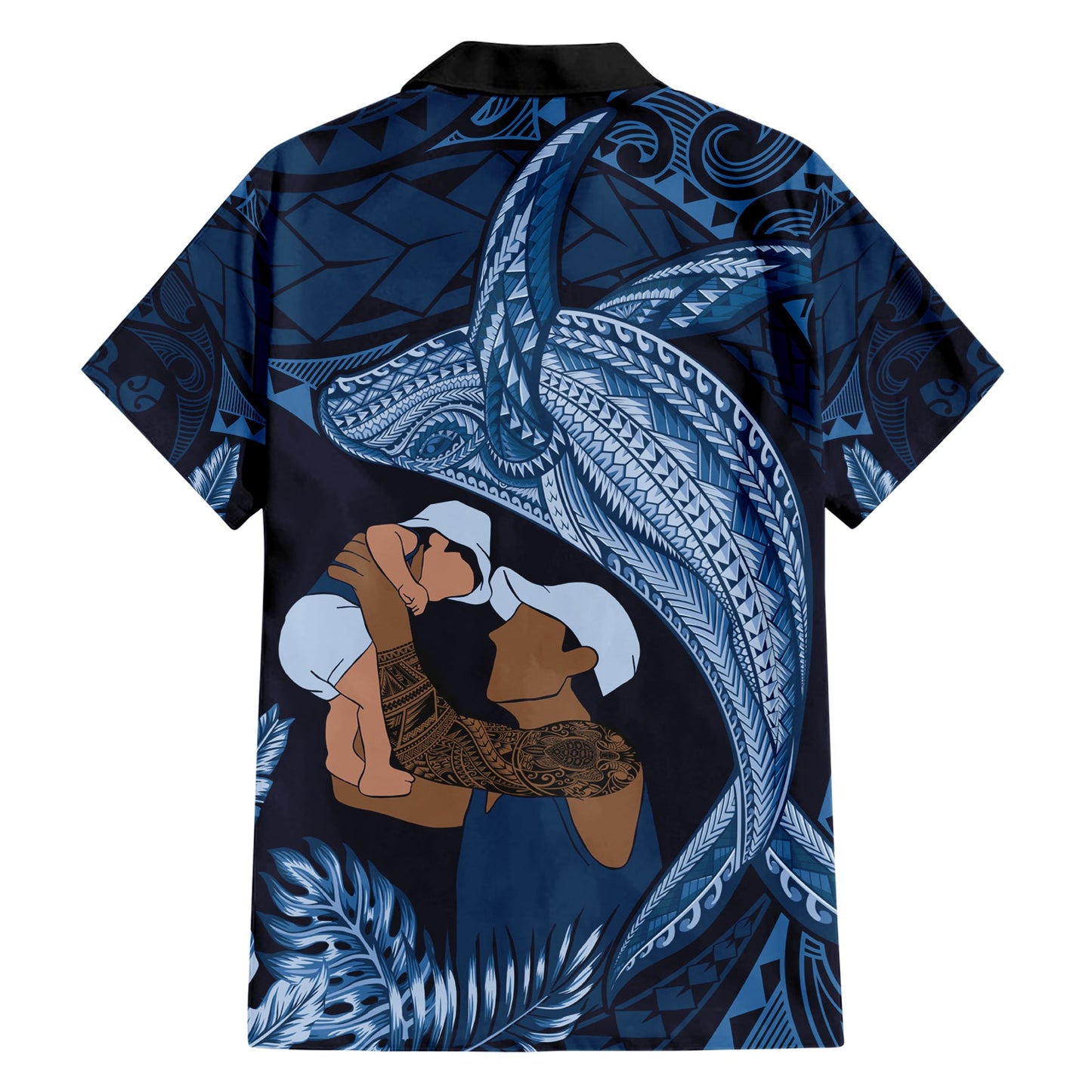 Hawaiihemd mit polynesischem Muster zum Vatertag, tropischer Buckelwal – Marineblau LT7