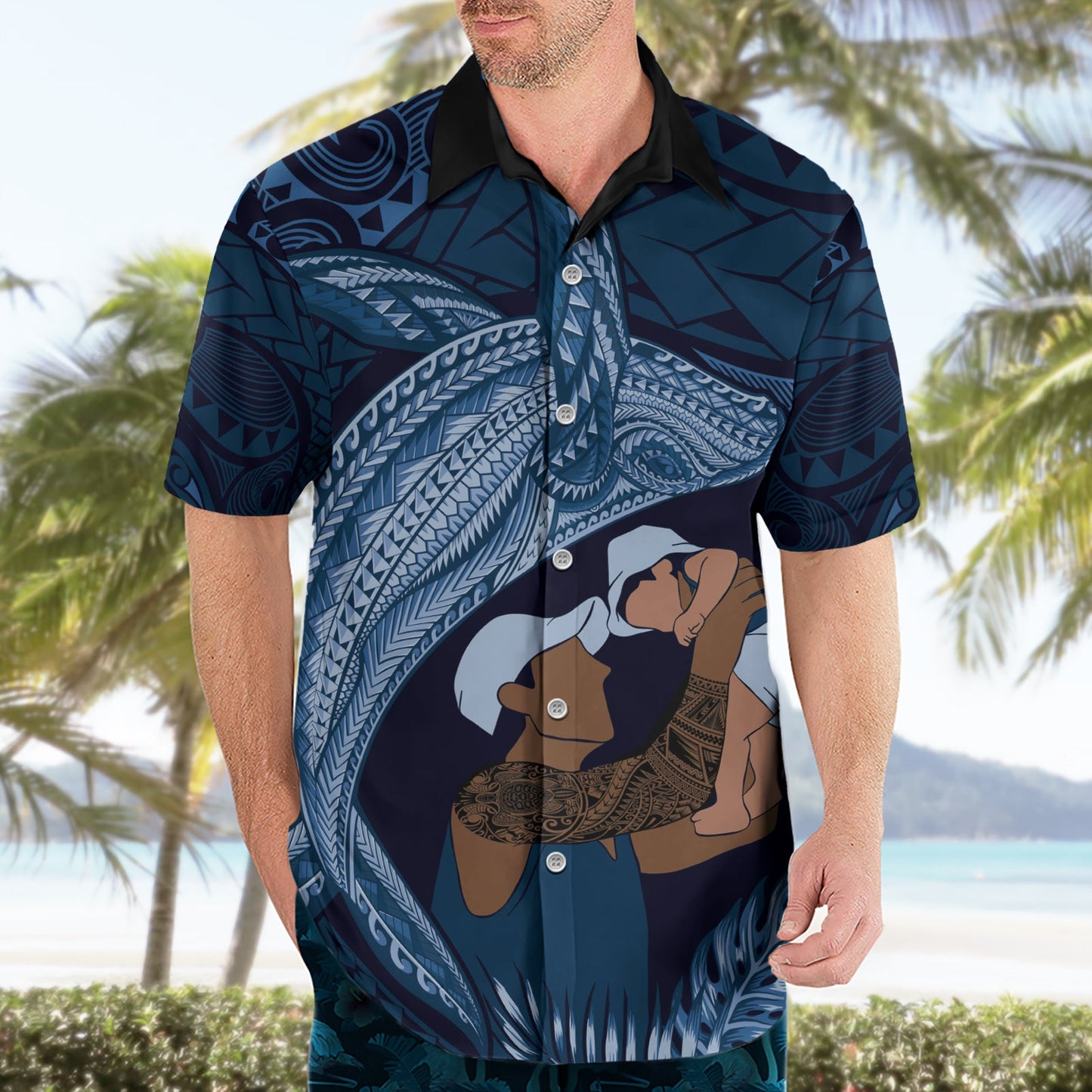 Hawaiihemd mit polynesischem Muster zum Vatertag, tropischer Buckelwal – Marineblau LT7