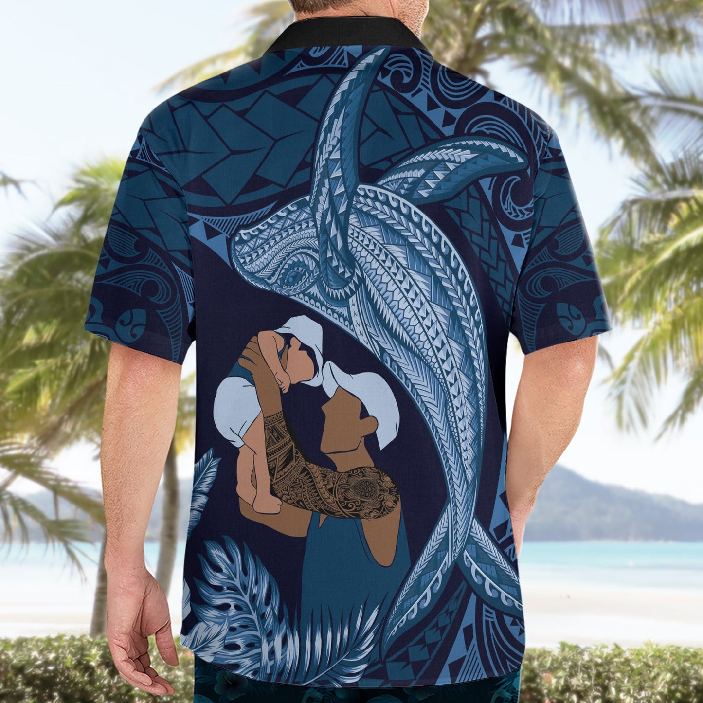 Hawaiihemd mit polynesischem Muster zum Vatertag, tropischer Buckelwal – Marineblau LT7