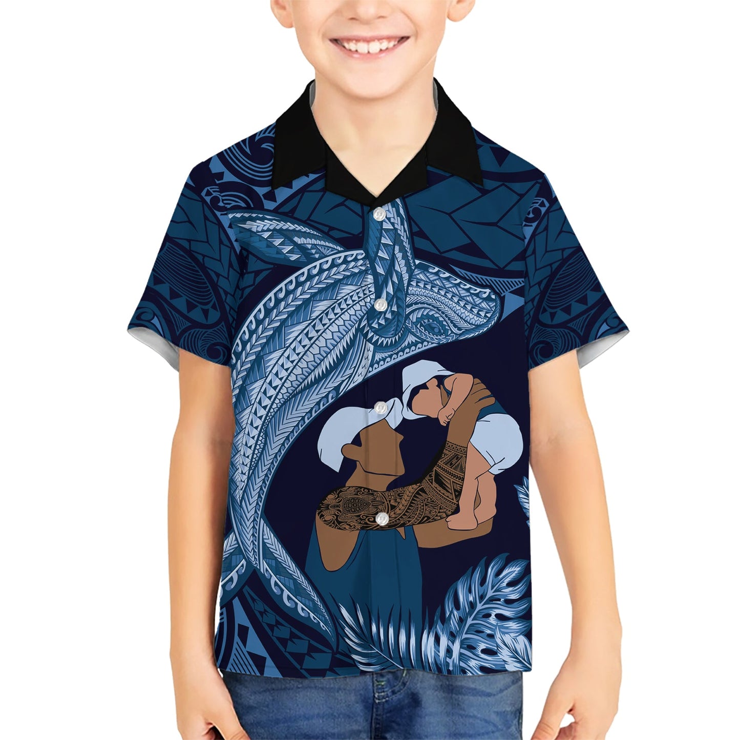 Hawaiihemd mit polynesischem Muster zum Vatertag, tropischer Buckelwal – Marineblau LT7