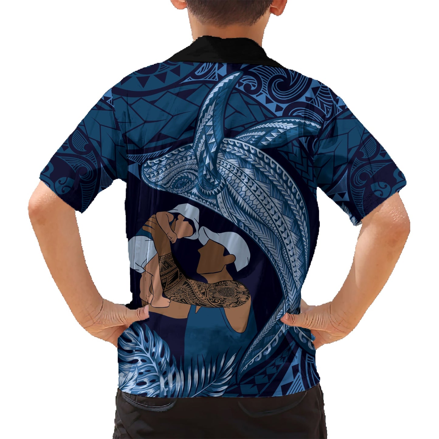 Hawaiihemd mit polynesischem Muster zum Vatertag, tropischer Buckelwal – Marineblau LT7