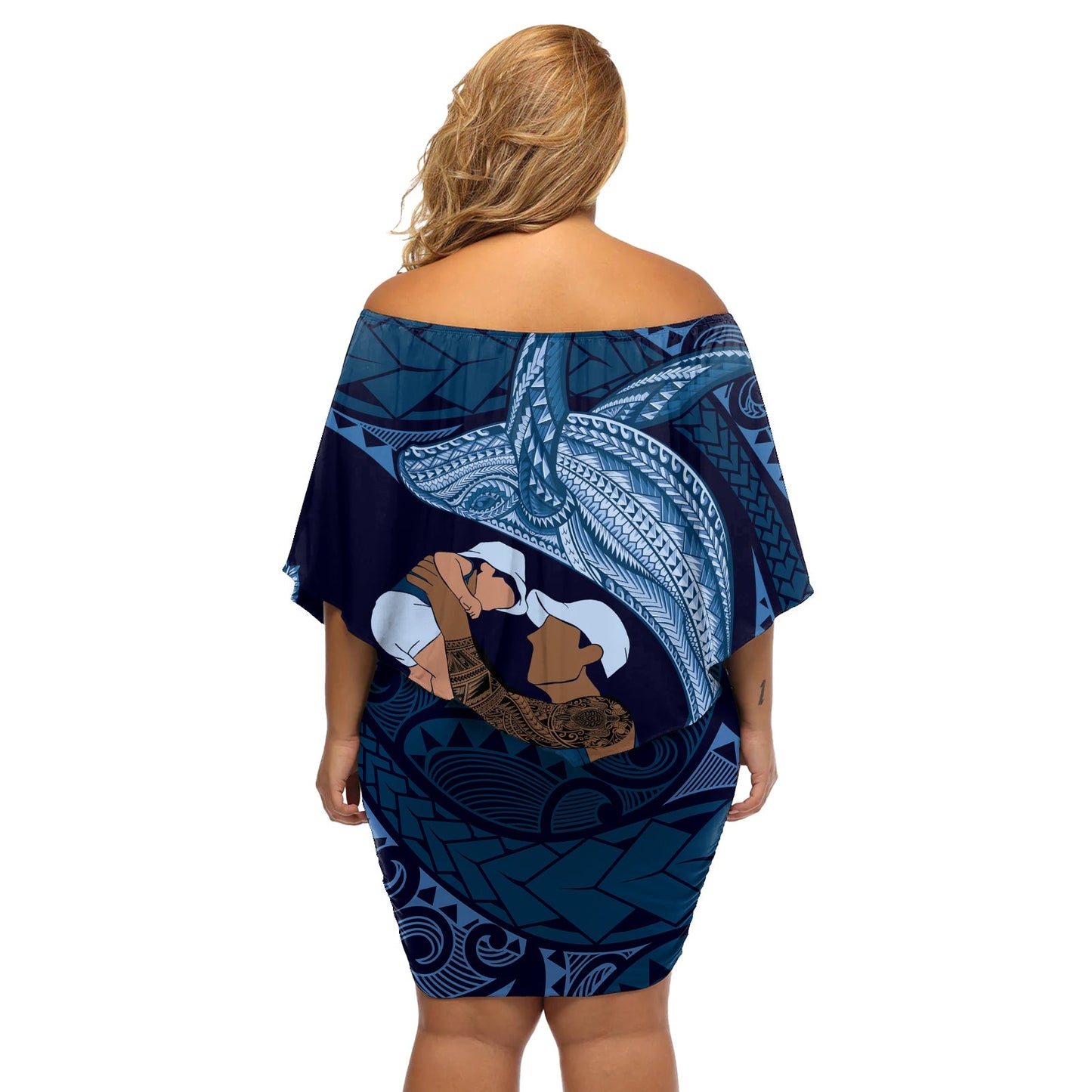 Vatertag Polynesisches Muster Schulterfreies Kurzes blumen kleid Tropischer Buckelwal - Marine LT7