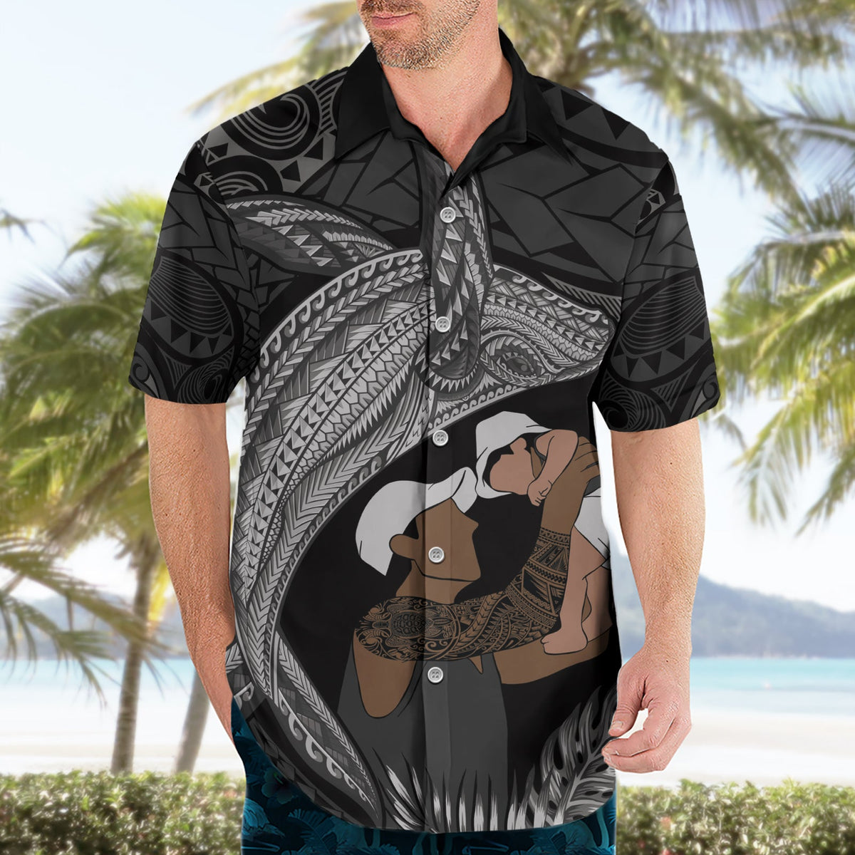 Hawaiihemd mit polynesischem Muster zum Vatertag, tropischer Buckelwal – Schwarz LT7