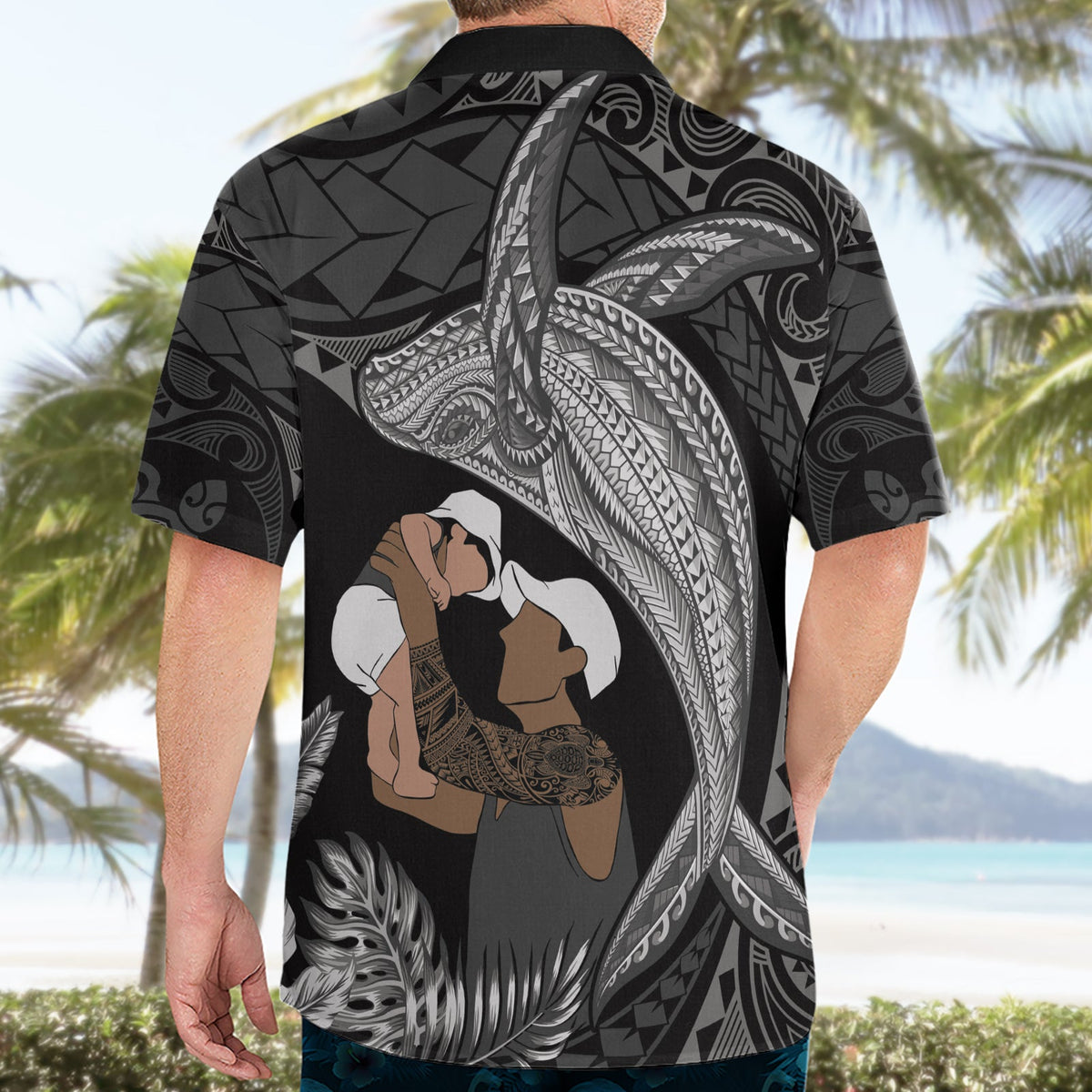 Hawaiihemd mit polynesischem Muster zum Vatertag, tropischer Buckelwal – Schwarz LT7