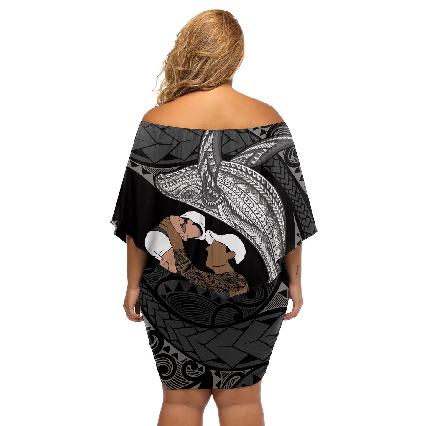Vatertag Polynesisches Muster Schulterfreies Kurzes blumen kleid Tropischer Buckelwal - Schwarz LT7