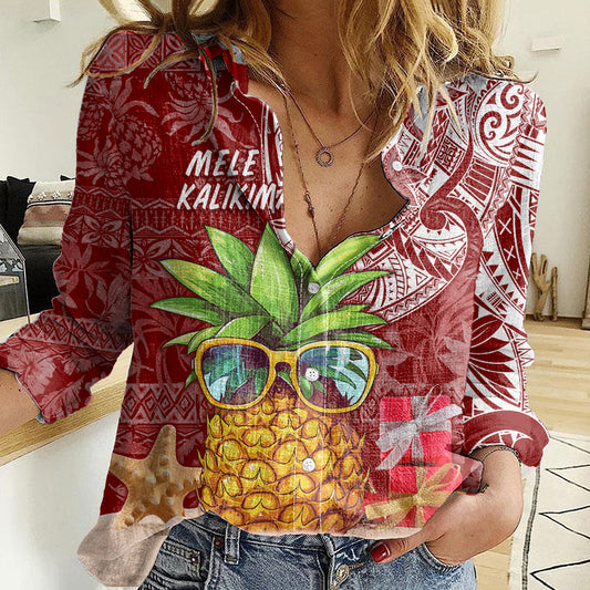Mele Kalikimaka Hawaii Christmas Women Casual Shirt Pineapple Party LT7 Female Red - Polynesian Pride