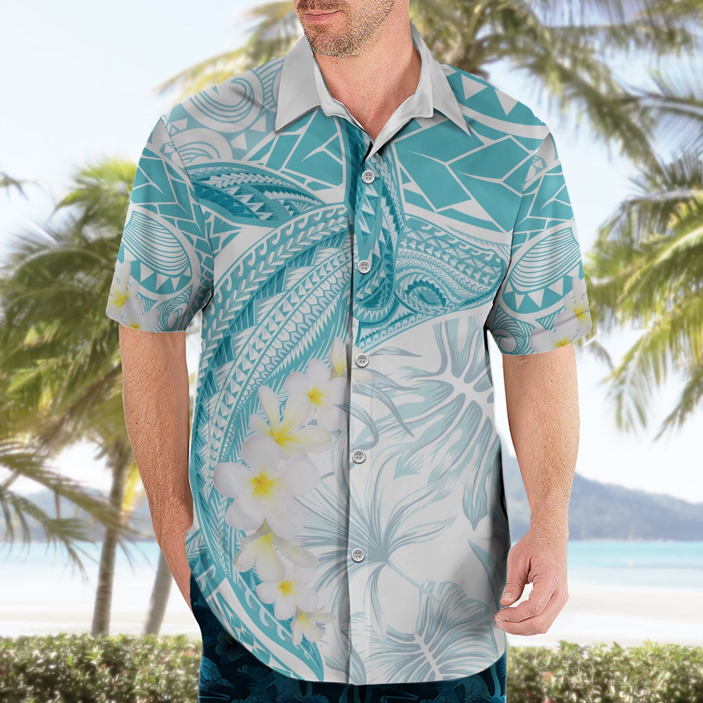 Polynesien Buckelwal Hawaiihemd Tropische Plumeria Türkis LT7