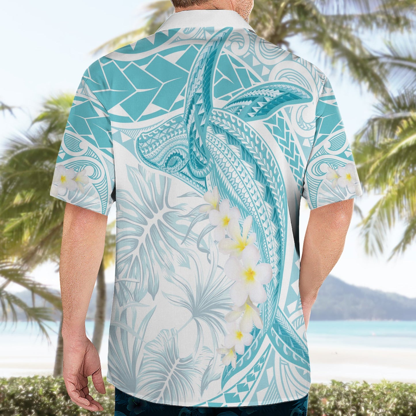 Polynesien Buckelwal Hawaiihemd Tropische Plumeria Türkis LT7