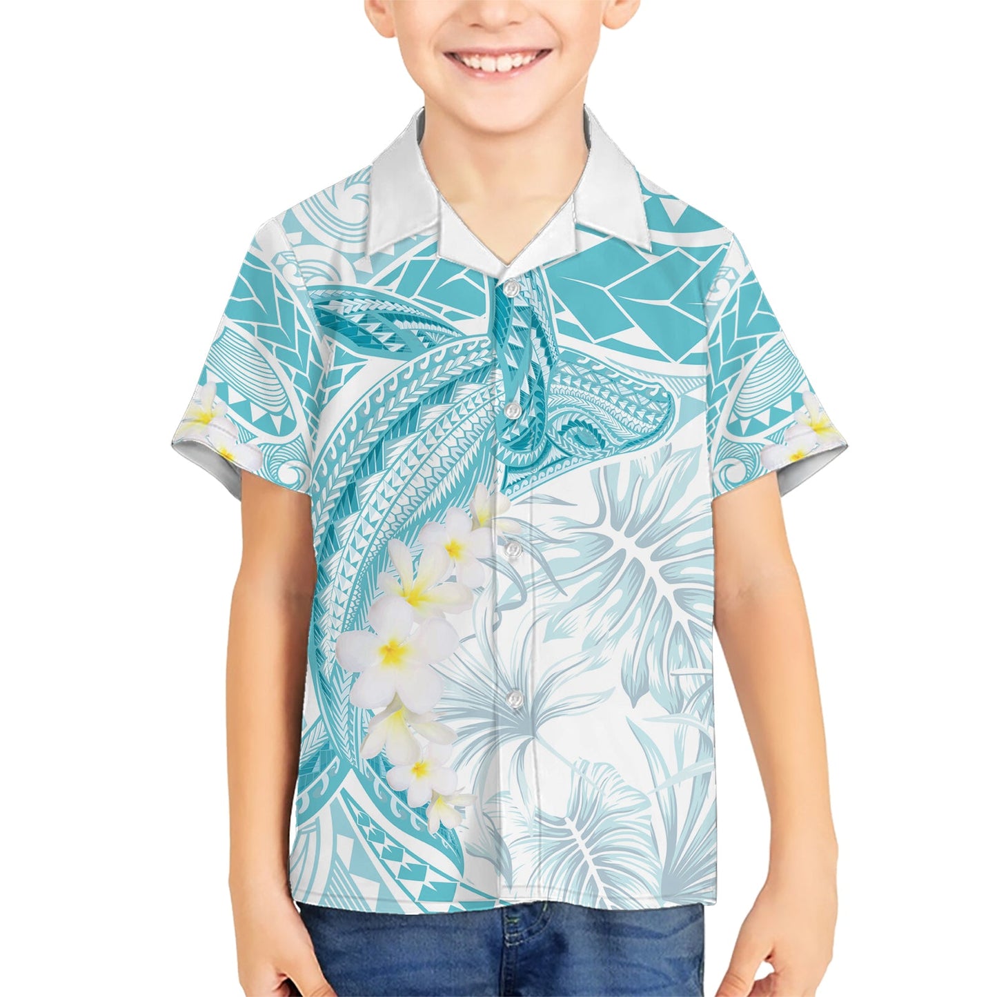 Polynesien Buckelwal Hawaiihemd Tropische Plumeria Türkis LT7