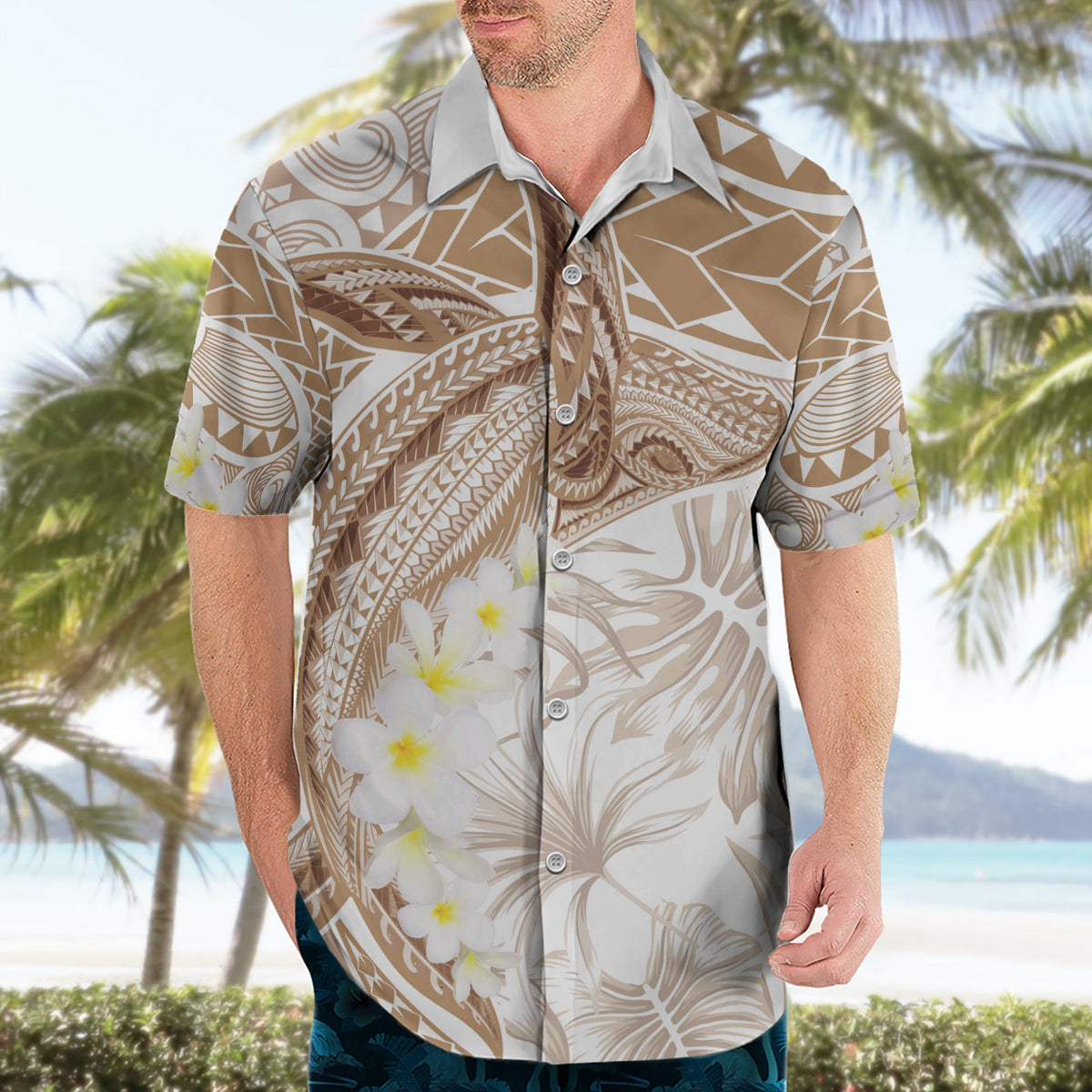 Polynesien Buckelwal Hawaiihemd Tropical Plumeria Beige LT7