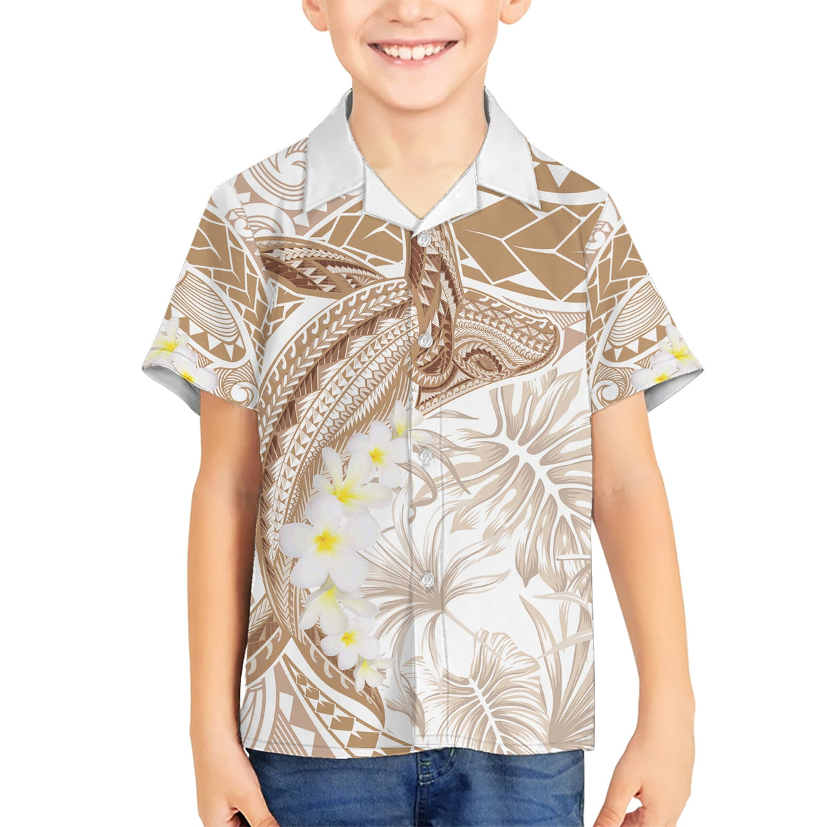 Polynesien Buckelwal Hawaiihemd Tropical Plumeria Beige LT7