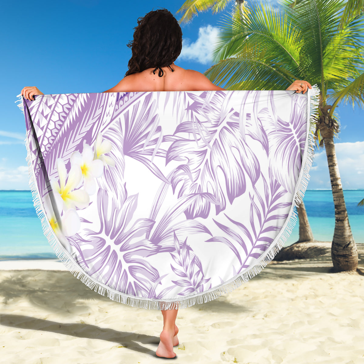 Hawaii Hibiskus mit weißem polynesischen Muster Stranddecke LT05