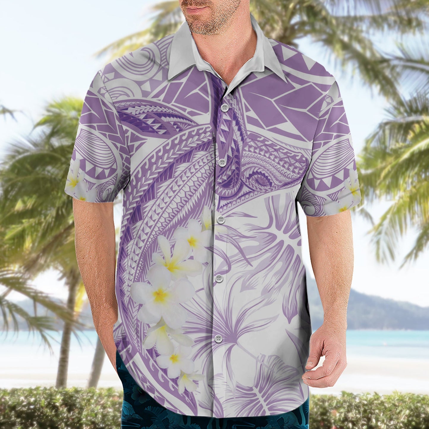 Polynesien Buckelwal Hawaiihemd Tropische Plumeria Lavendel LT7