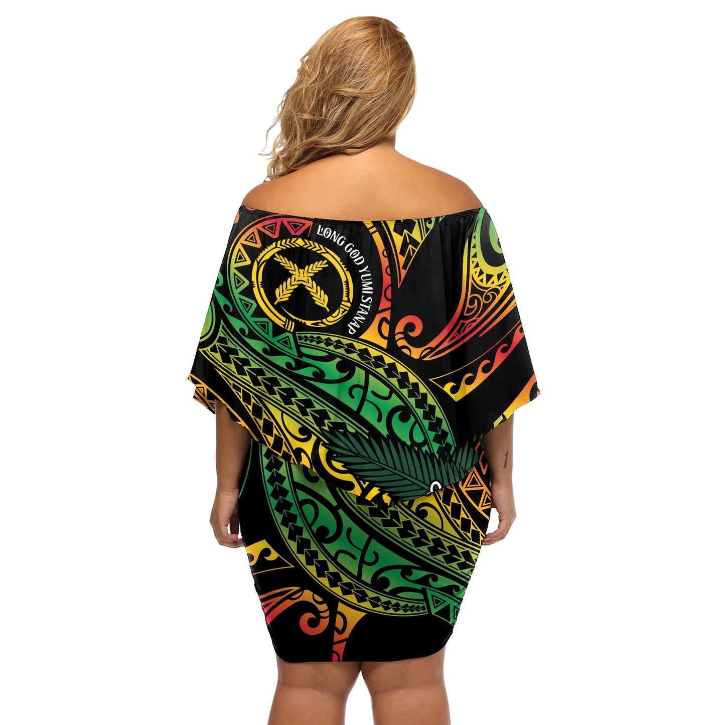Vanuatu Indipendens Dei Schulterfreies, kurzes Kleider blumen, Mix aus traditioneller Sandzeichnung, LT7