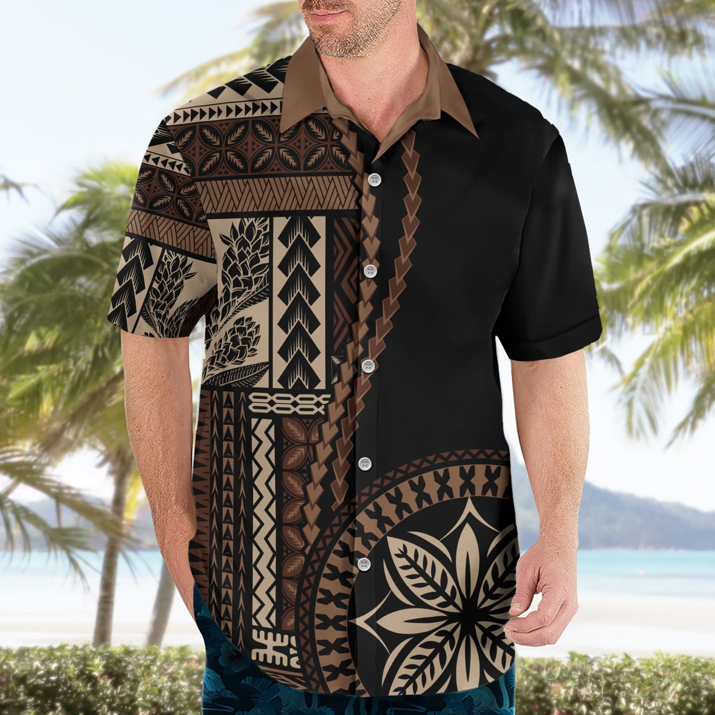 Hawaiihemd im klassischen Stil mit Samoa-Siapo-Motiv – Schwarz Ver02 LT7