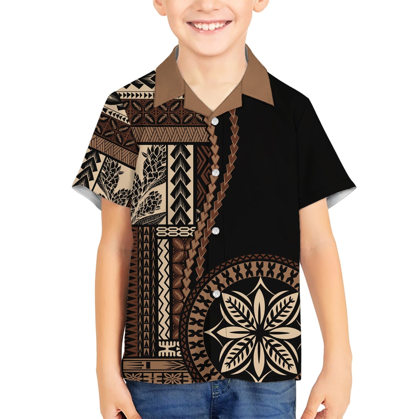 Hawaiihemd im klassischen Stil mit Samoa-Siapo-Motiv – Schwarz Ver02 LT7