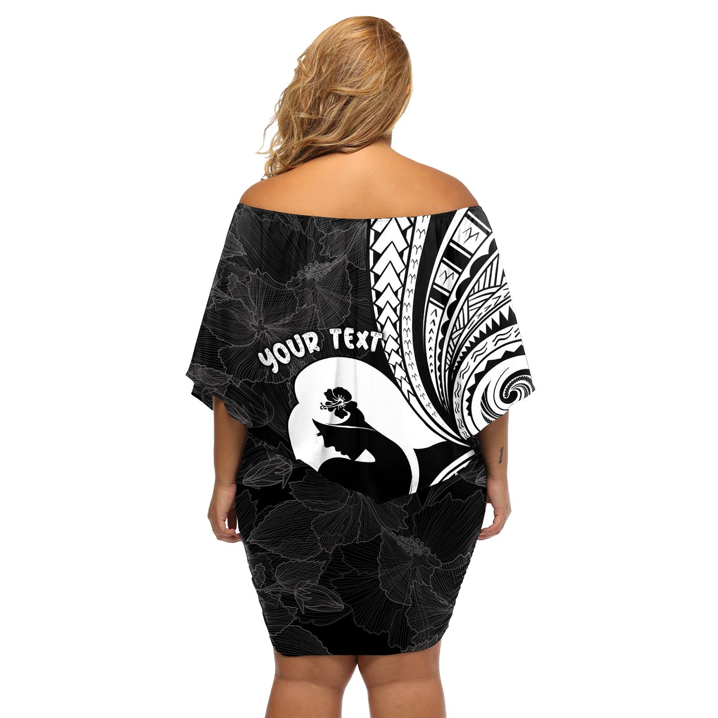 Muttertagskleid mit schulterfreiem Schulterdekolleté Polynesia Vintage Hibiscus - Schwarz LT7