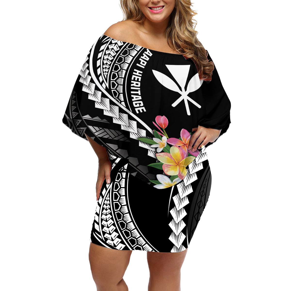 AAPI Heritage Month Off Shoulder Short Dress Kanaka Hawaii Plumeria