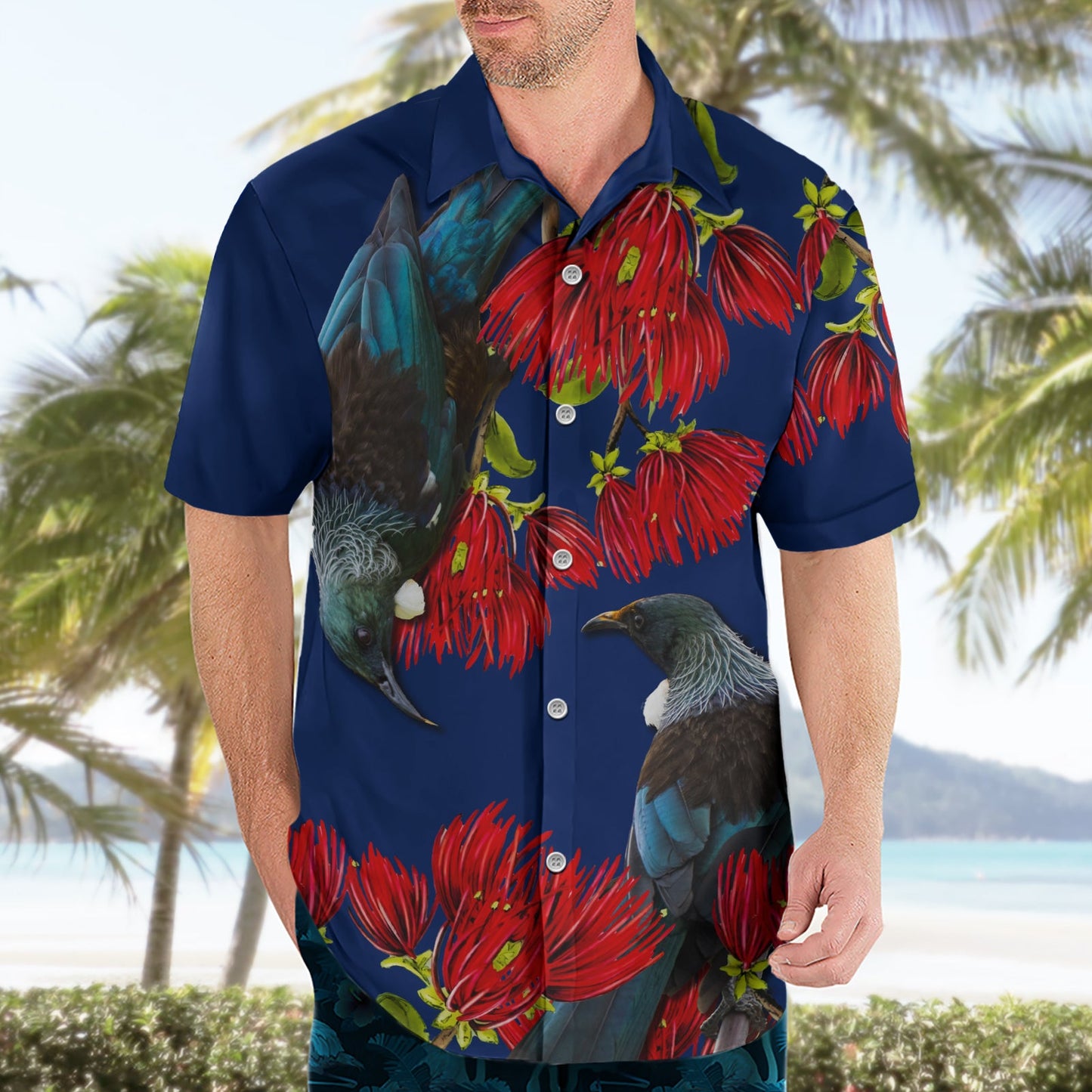Neuseeland Pohutukawa mit Tui Vögel Hawaiian Shirt Version 2 LT7
