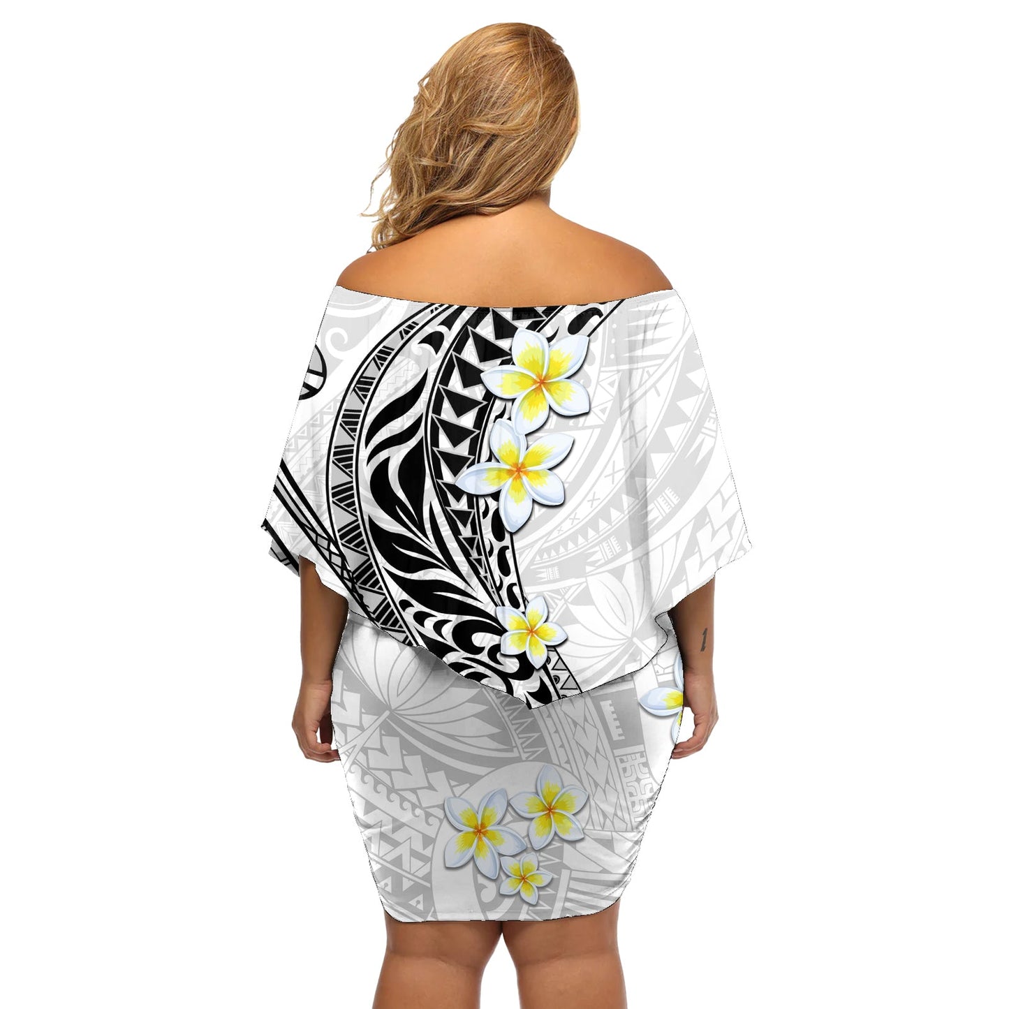 Hawaii Aloha Schulterfreies Kurzes Kleid blumen Plumeria Vintage - Weiß LT7