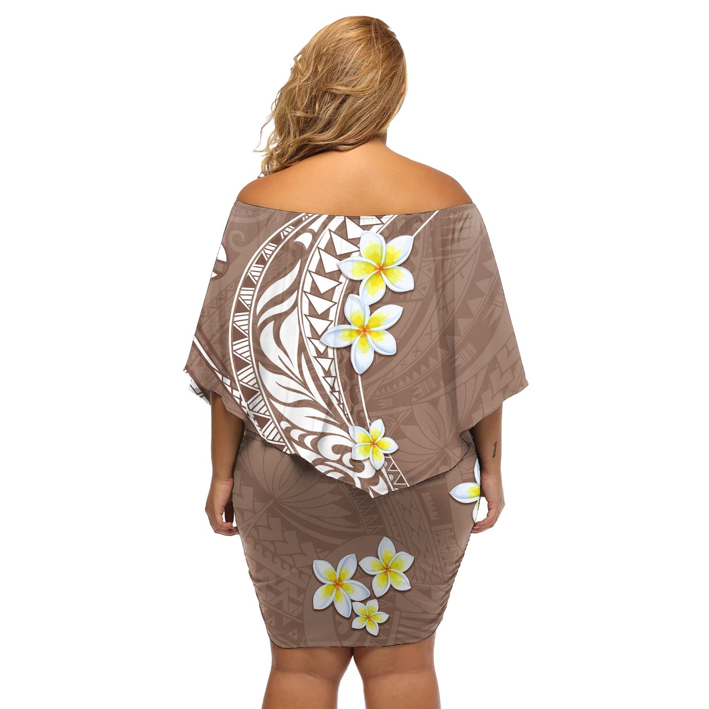 Hawaii Aloha Schulterfreies Kurzes Kleid blumen Plumeria Vintage - Braun LT7