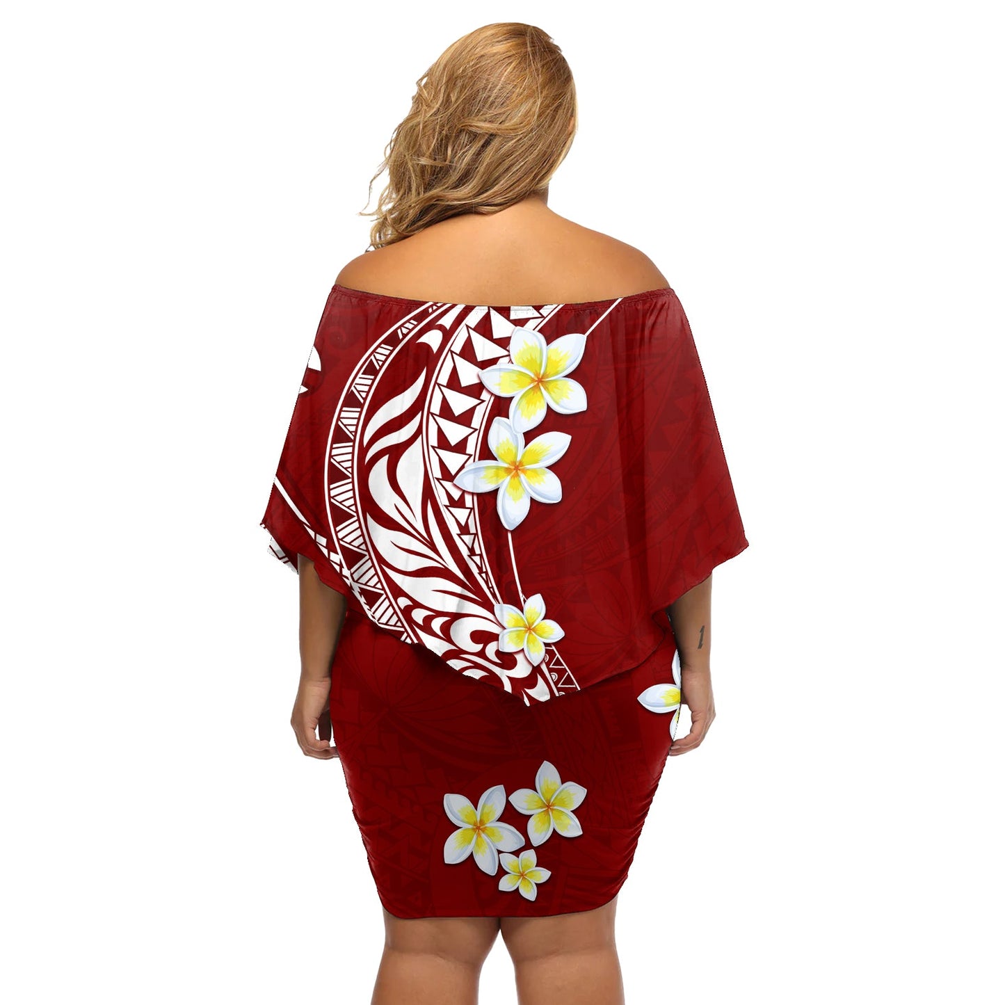 Hawaii Aloha Schulterfreies Kurzes Kleid blumen Plumeria Vintage - Crimson LT7