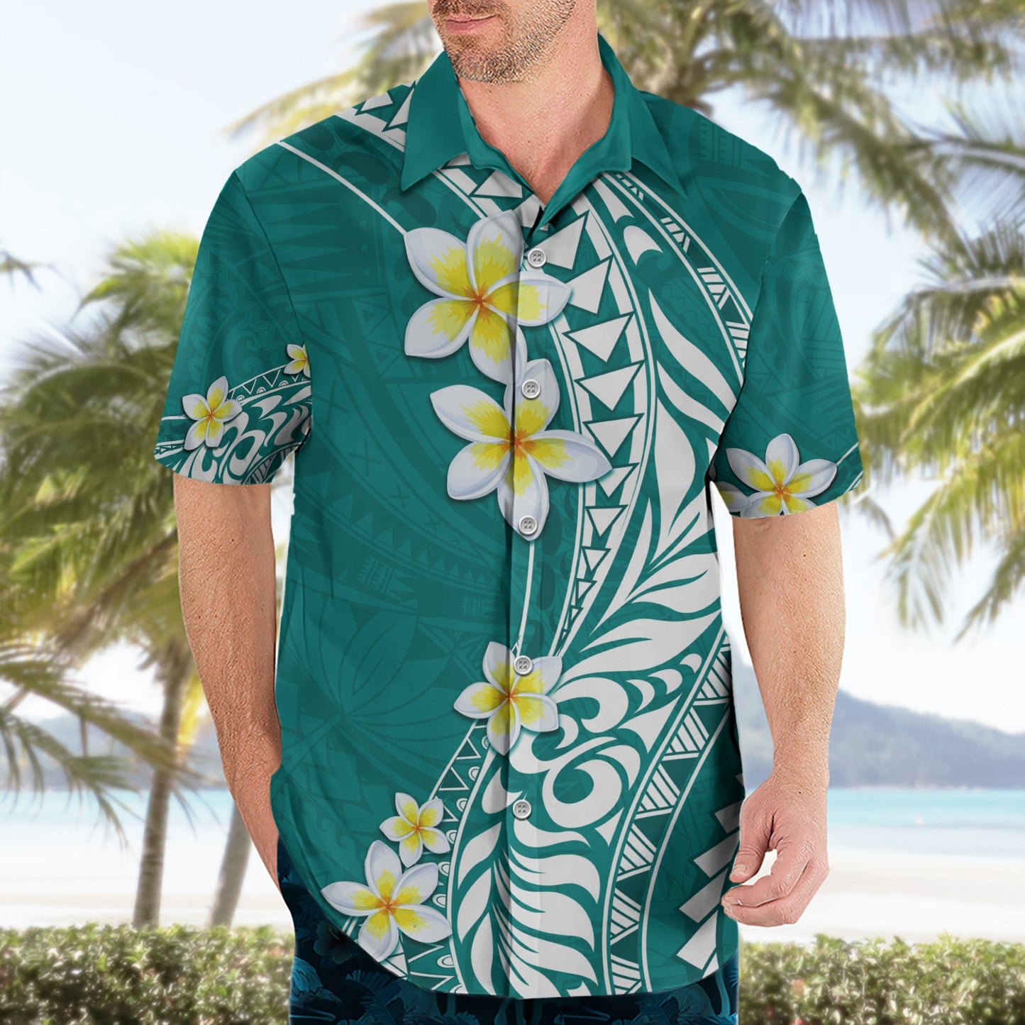 Hawaii Aloha Hawaiihemd Plumeria Vintage - Petrol LT7