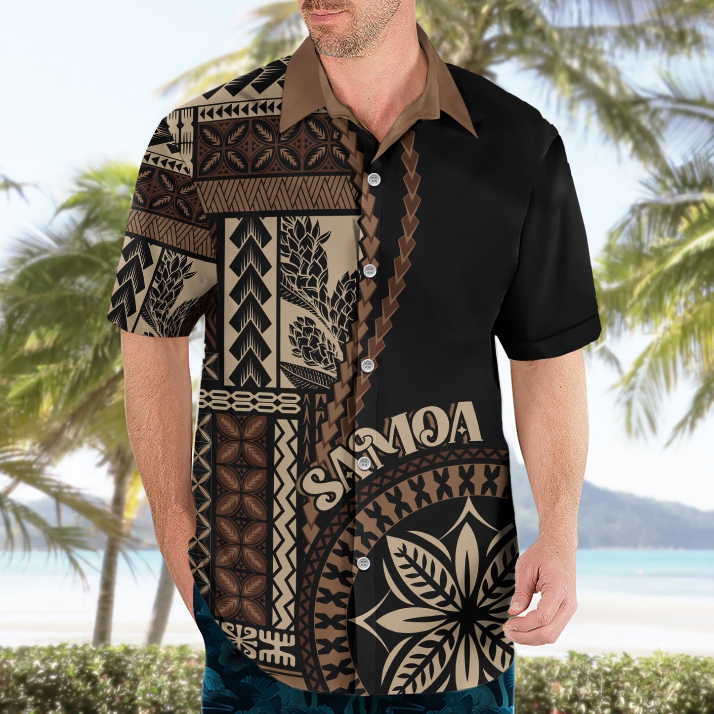 Hawaiihemd im klassischen Stil mit Samoa-Siapo-Motiv – Schwarz, Version LT7
